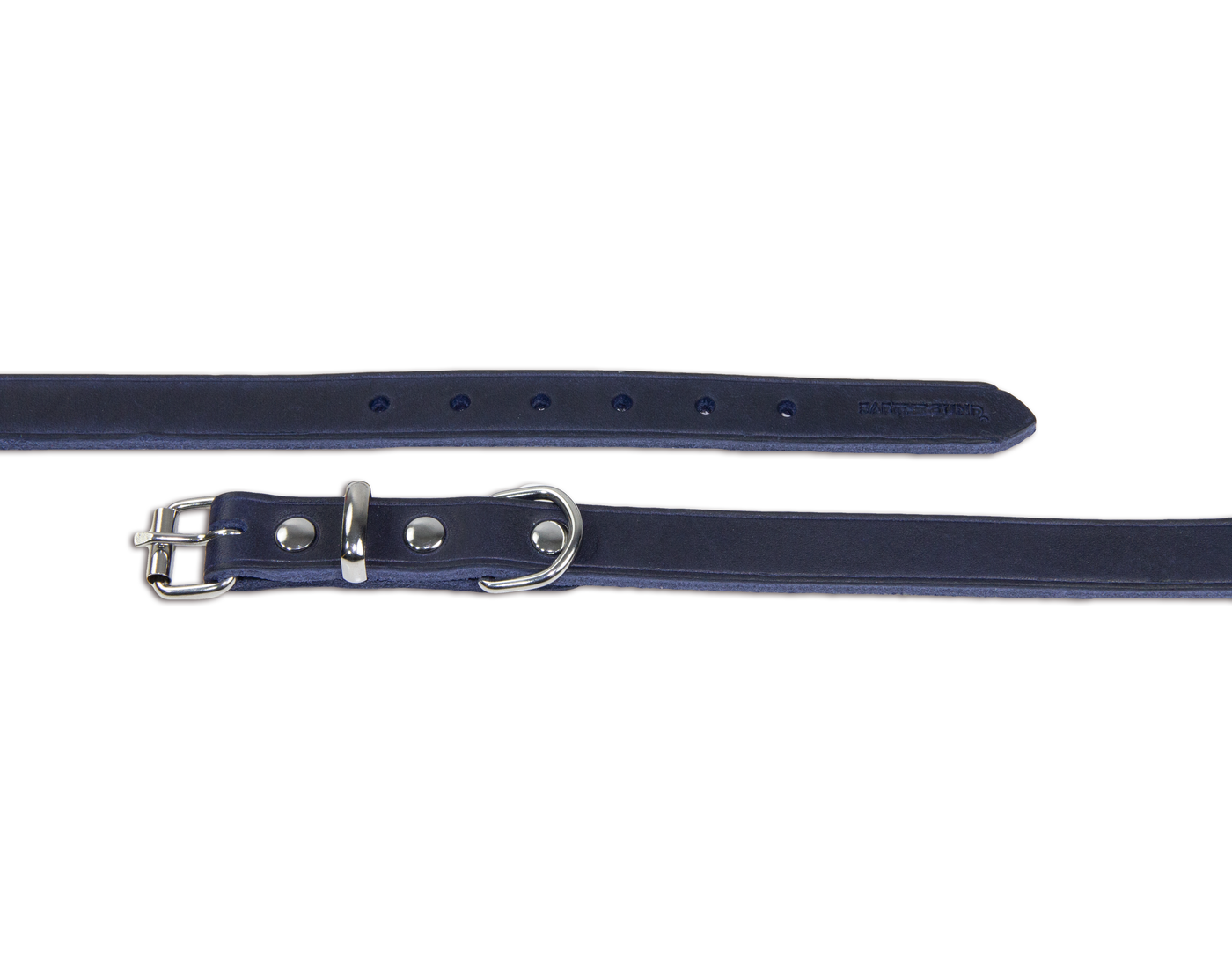 Close up of navy soft country leather dog collar