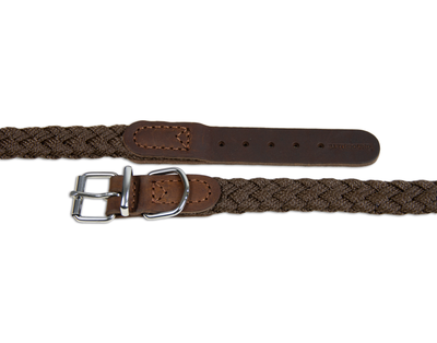 Close up of brown braided nylon leather dog collar