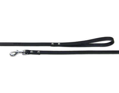 close up of black soft country leather dog lead