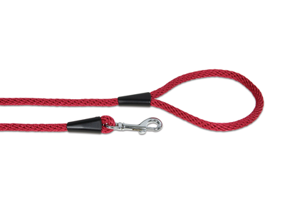 Close up of burgundy rope dog lead in medium