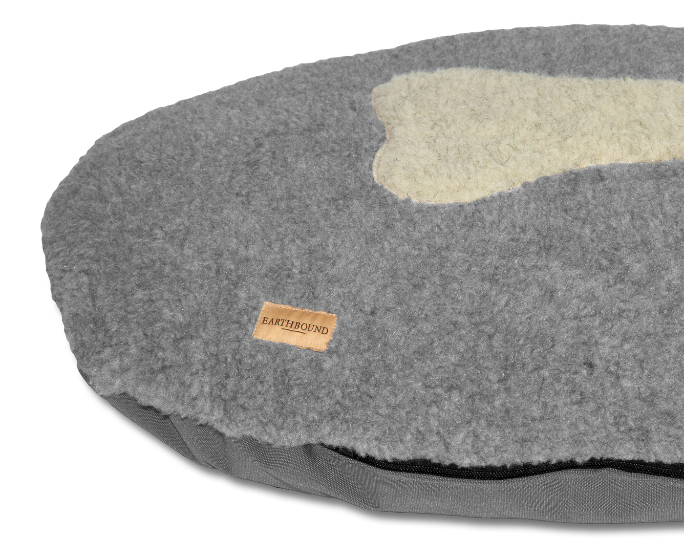 Close up of waterproof grey oval dog bed