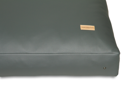 Closeup of a slate grey box cushion dog bed faux leather 