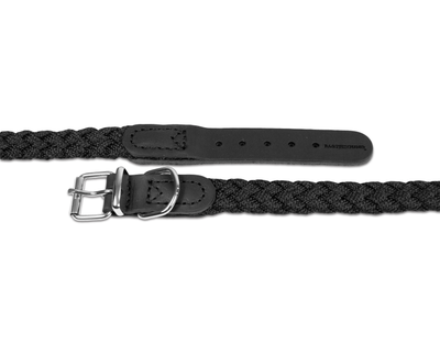 Close up of black braided nylon leather dog collar