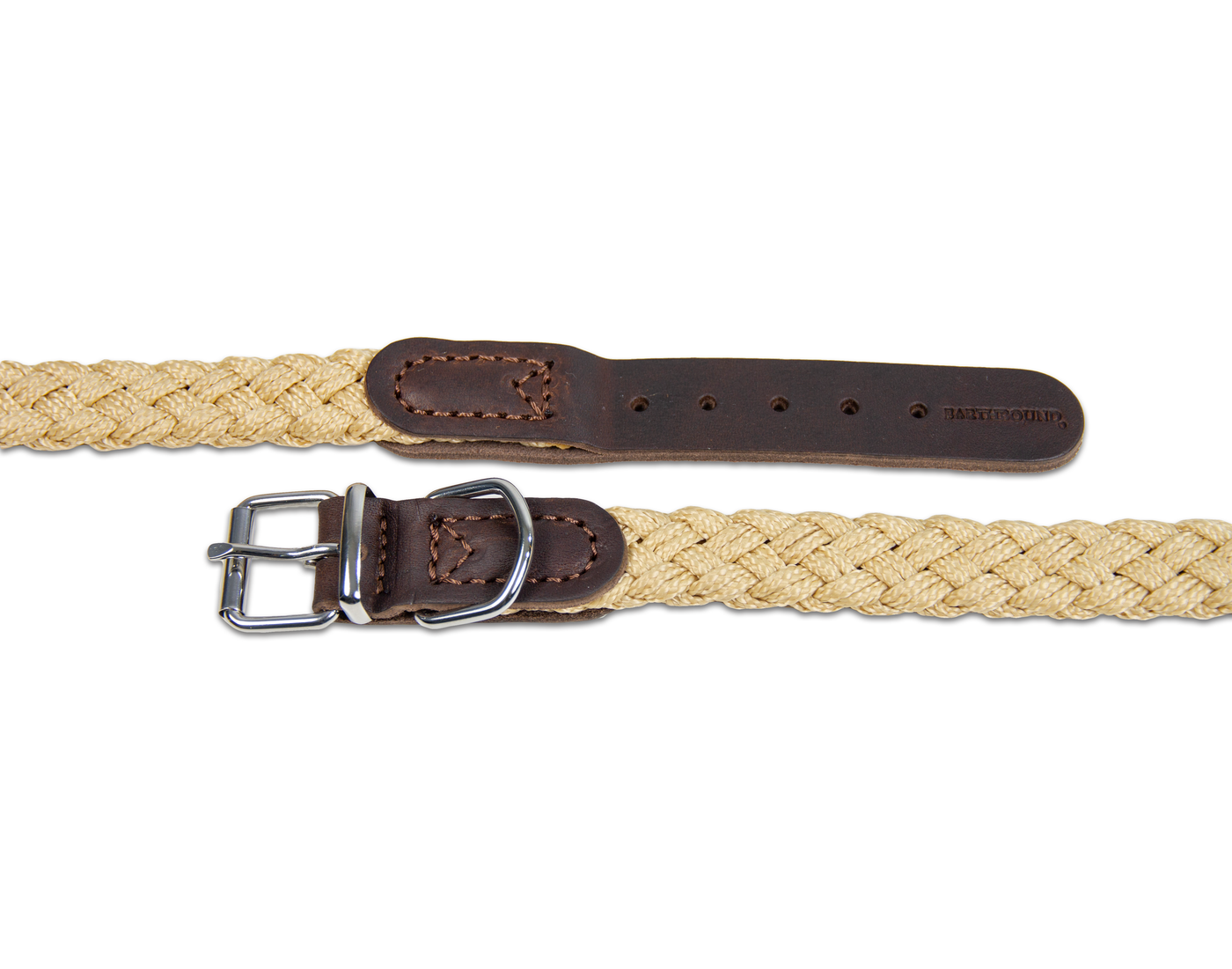 Close up of beige braided nylon leather dog collar