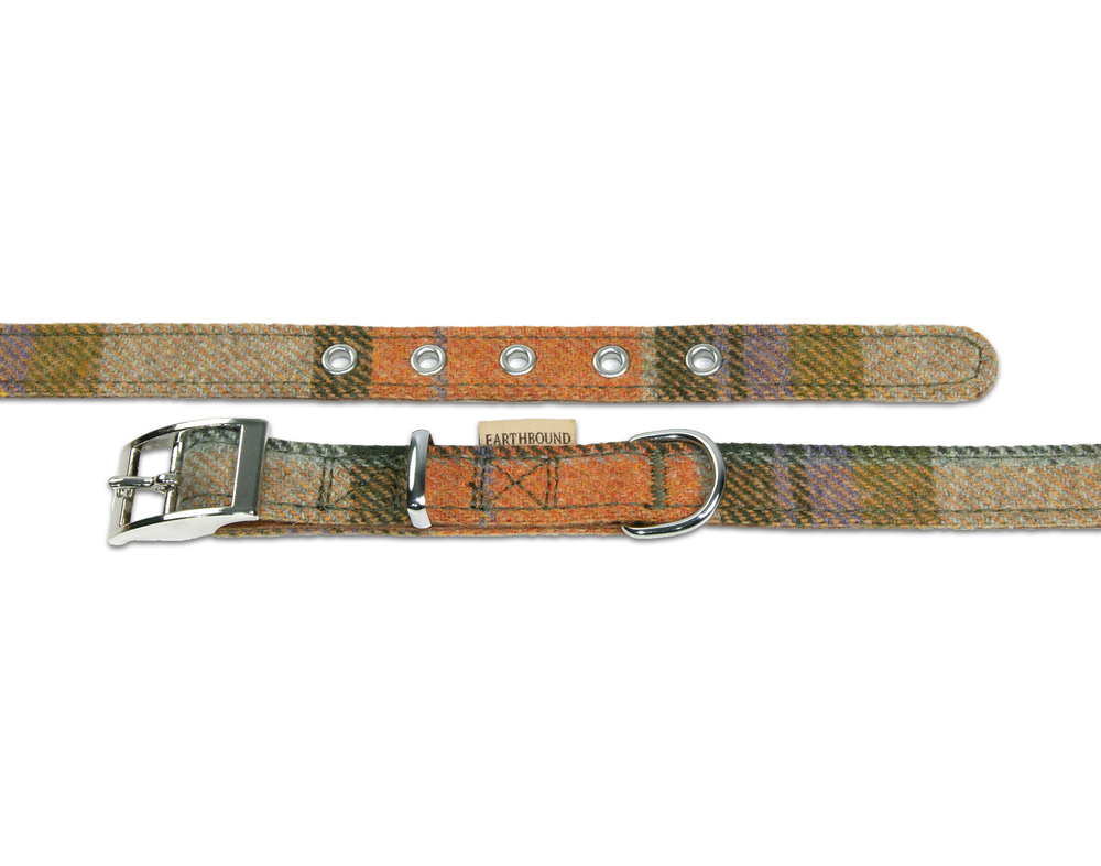 Close up of tweed orange check dog collar