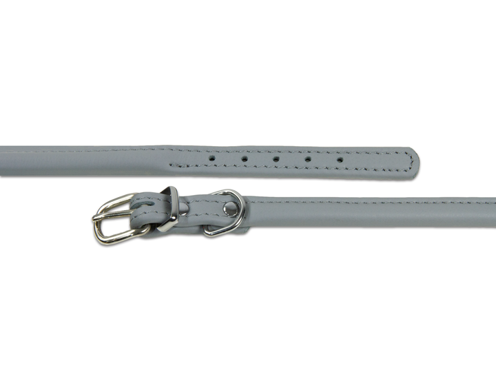 Close up of grey rolled leather dog collar