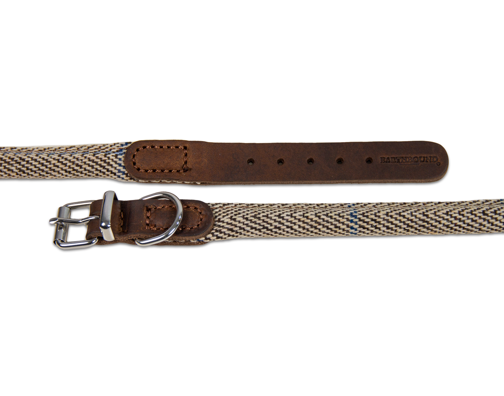 Close up of rolled tweed beige dog collar