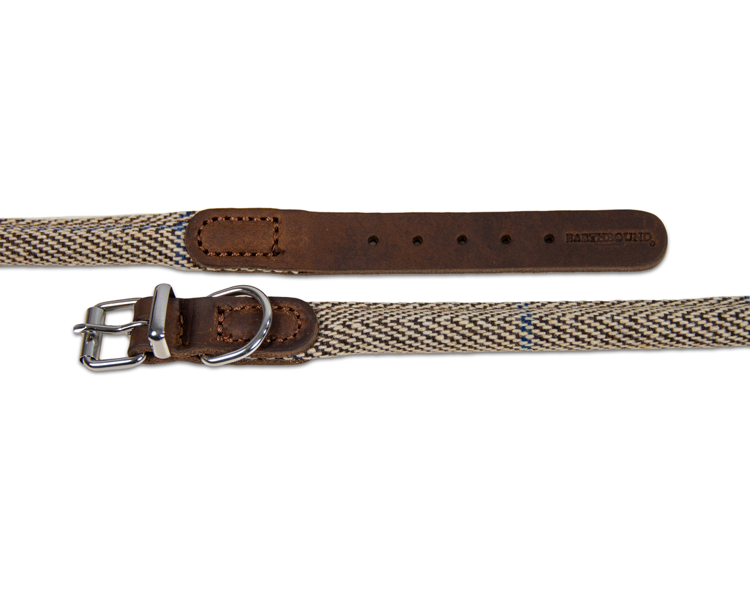 Close up of rolled tweed beige dog collar