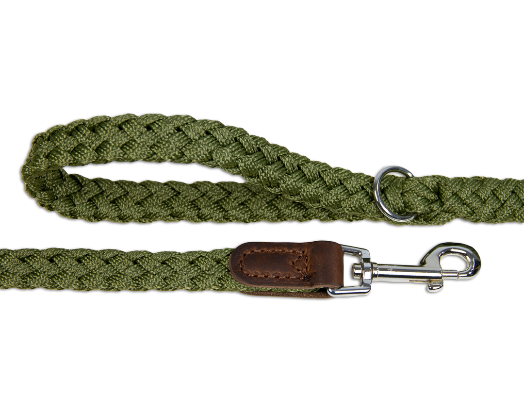 Braided Nylon Leather Lead Green