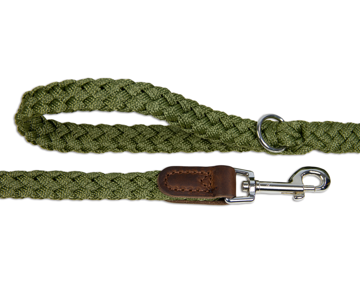 Braided Nylon Leather Lead Green