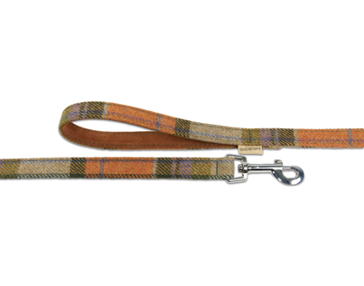 Close up of tweed orange check dog lead