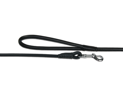 Close up of black rolled leather dog lead