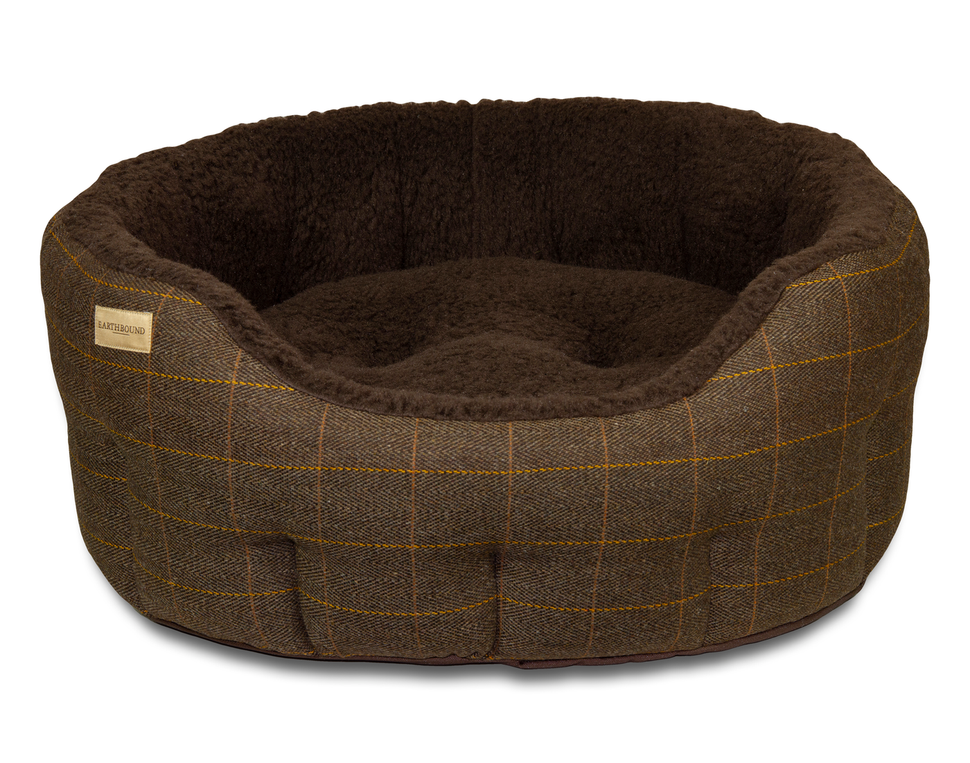 classic round traditional tweed dog bed in brown