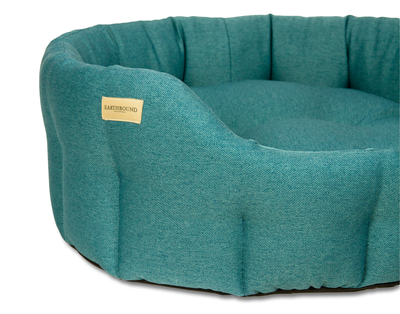 Close up of camden teal classic dog bed
