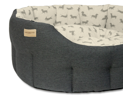 Close up of grey brushed dachshund classic dog bed