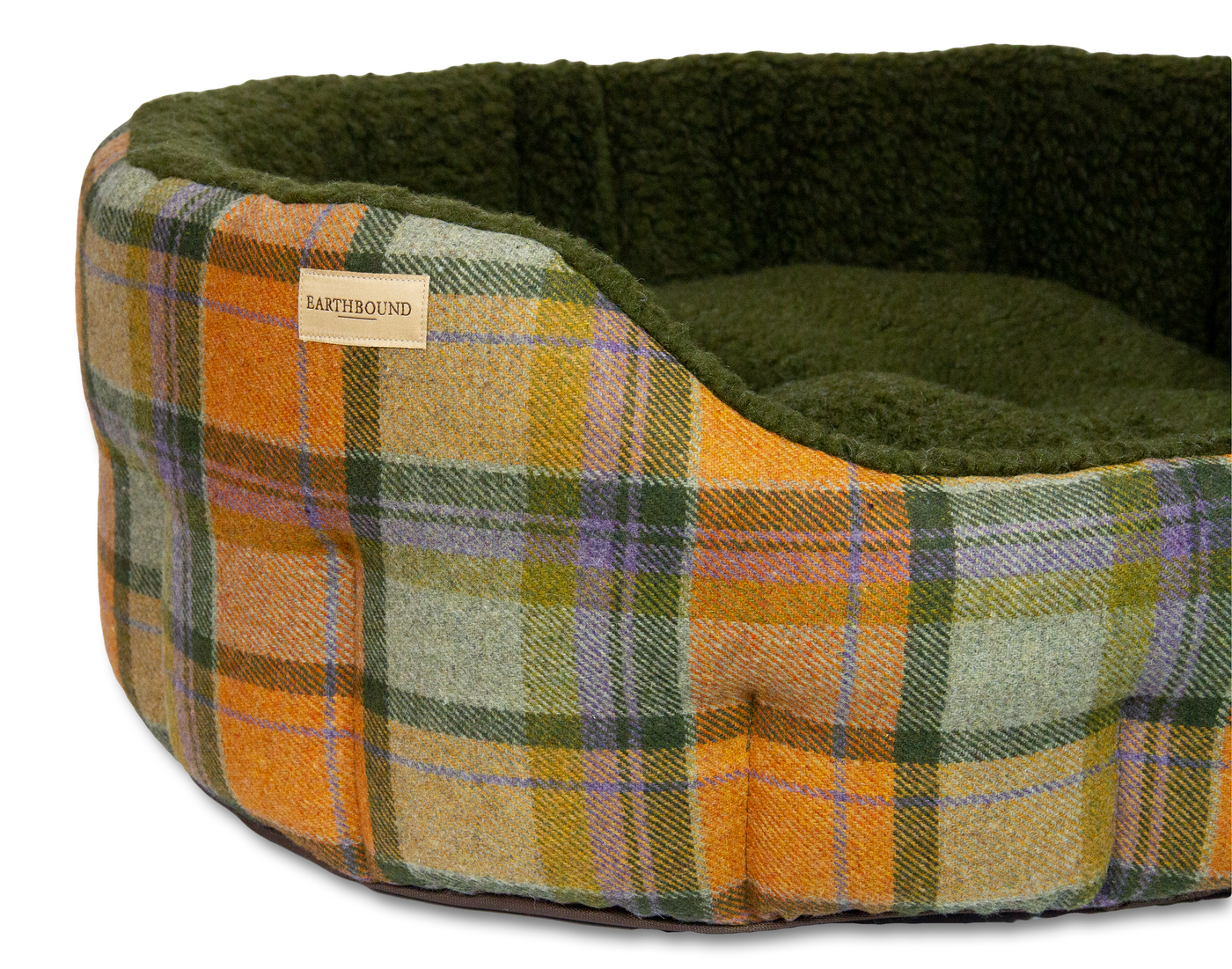 Close up of traditional tweed orange check classic dog bed