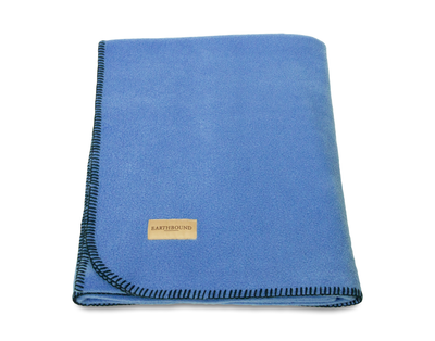 Stitched fleece pet blanket in sky blue and navy thread