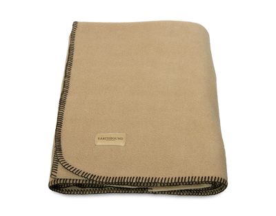 Stitched fleece pet blanket in camel and brown thread