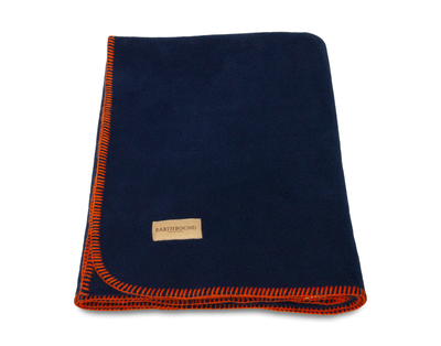 Stitched fleece pet blanket navy and orange thread 